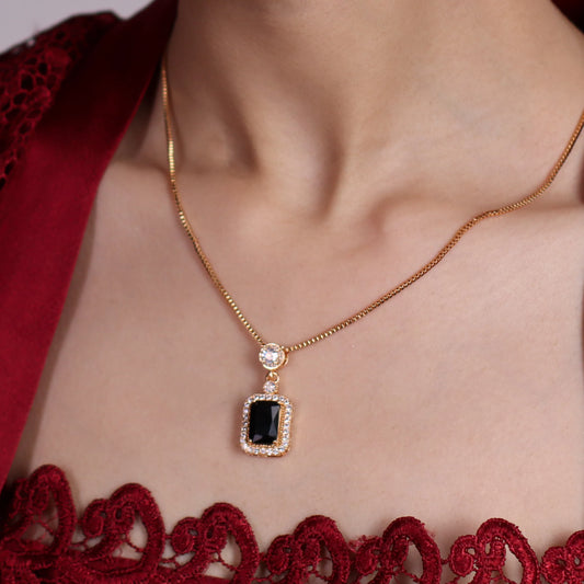 Midnight Elegance Gold Jewelry Set - Black Square Pendant with Earrings & Chain