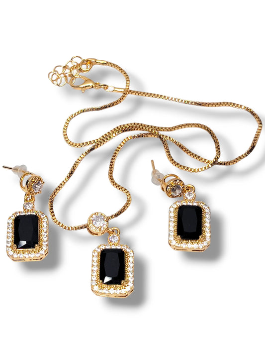 Midnight Elegance Gold Jewelry Set - Black Square Pendant with Earrings & Chain